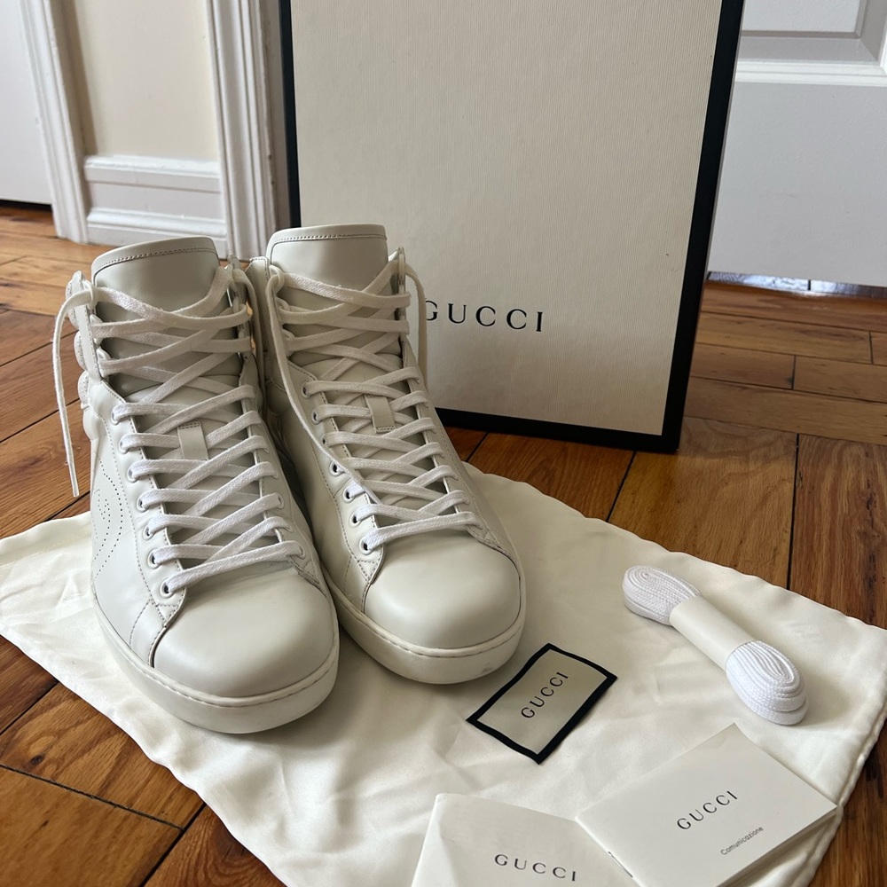 Gucci Men’s Ace High-Top  Leather Sneakers White/ Grey